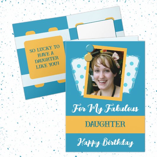 Fabulaire dochterfoto genaamd blauwe gele verjaard kaart