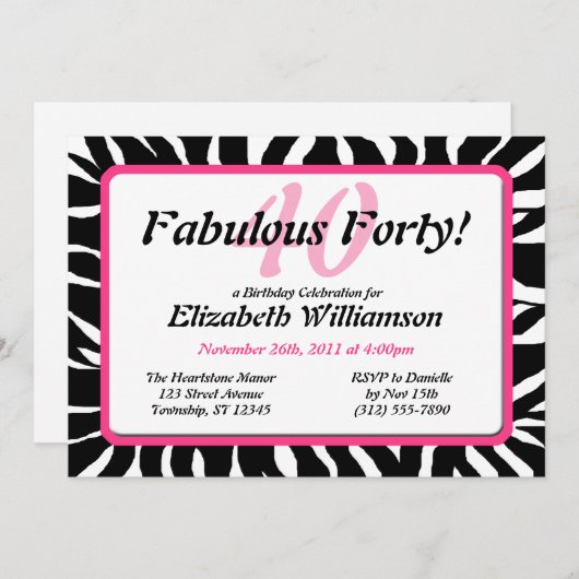 Fabuleux 40 Invitations d'anniversaire Zebra Print (Devant / Derrière)