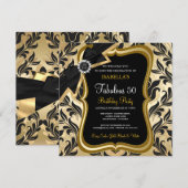 Fabuleux 50 Pearl Gold Bow Black Damask Invitation (Devant / Derrière)