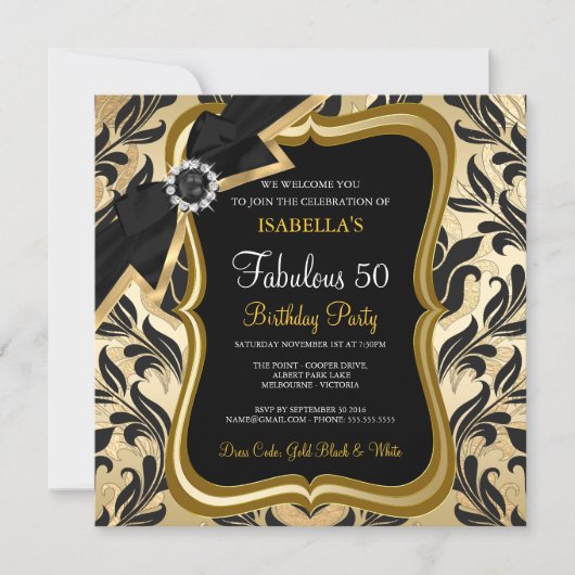 Fabuleux 50 Pearl Gold Bow Black Damask Invitation (Devant)