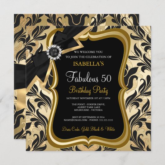 Fabuleux 50 Pearl Gold Bow Black Damask Invitation (Devant / Derrière)