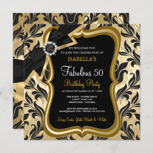 Fabuleux 50 Pearl Gold Bow Black Damask Invitation