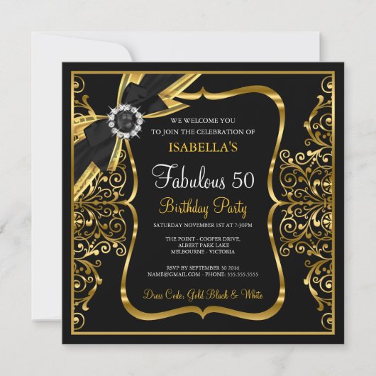 Fabuleux 50e Pearl Gold Lace Bow Invitation noir (Devant)