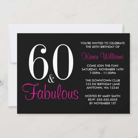 Fabuleux 60ème Black Pink Anniversaire Invitation (Devant)