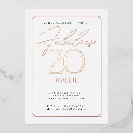 Fabulous 20 Elegant 20th Birthday Folie Invitation Folie Uitnodiging (Voorkant)