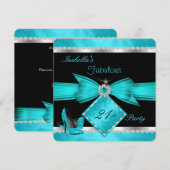 Fabulous 21 Blauwgroen Black Silver Birthday Party Kaart (Voorkant / Achterkant)