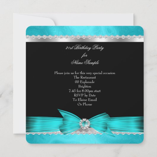 Fabulous 21 Blauwgroen Black Silver Birthday Party Kaart (Achterkant)