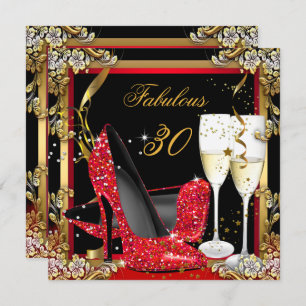 Fabulous 30 Red Heels Gold Black Champagne Party Kaart