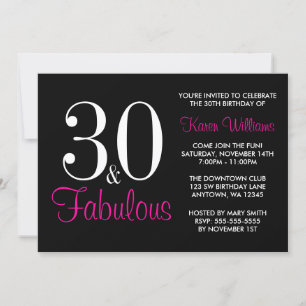 Fabulous 30th Black and Pink Birthday Party Kaart