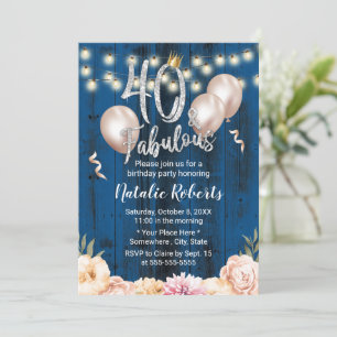 Fabulous 40 Elegant Navy Floral Queen Birthday Kaart