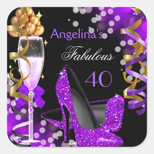 Fabulous 40 Paarse Heels Gold Bubbles op zaterdag Vierkante Sticker (Voorkant)