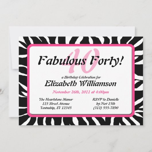 Fabulous 40 Zebra Print & Roze Verjaardagsuitnodig Kaart (Voorkant)