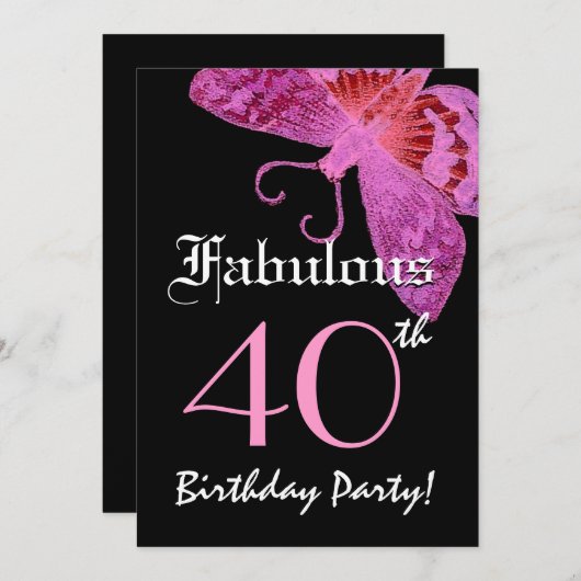 Fabulous 40th Birthday Fuschia Butterfly W1800 Kaart (Voorkant / Achterkant)