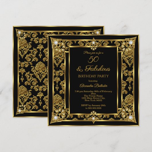 Fabulous 50 Birthday Gold Black Damask Diamond Kaart (Voorkant / Achterkant)