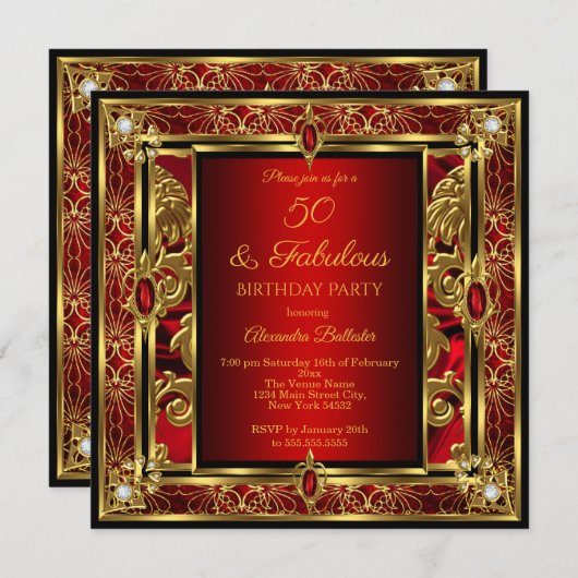 Fabulous 50 Birthday Red Ruby Damask Gold Diamond Kaart (Voorkant / Achterkant)