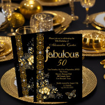 Fabulous 50 Black floral Gold verjaardagsvlinder