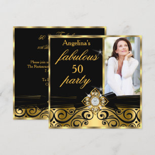 Fabulous 50 Black Gold Faux Diamond Photo Party Kaart