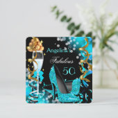 Fabulous 50 Blauwgroen Blue Heels Gold Bubbles Par Kaart (Staand voorkant)