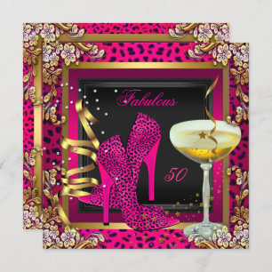 Fabulous 50 Cherry Pink Leopard Birthday Kaart