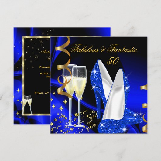 Fabulous 50 Fantastic Abstract Blue Gold Party Kaart (Voorkant / Achterkant)
