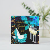 Fabulous 50 Fantastic Blauwgroen Gold Champagne Bi Kaart (Staand voorkant)