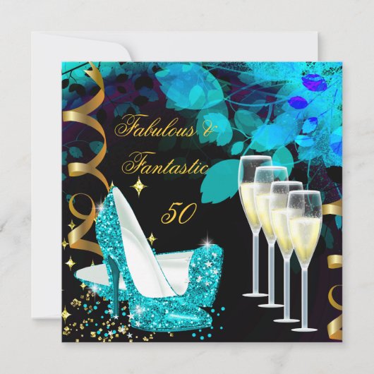 Fabulous 50 Fantastic Blauwgroen Gold Champagne Bi Kaart (Voorkant)