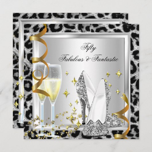 Fabulous 50 & Fantastic Silver Leopard Birthday Kaart (Voorkant / Achterkant)