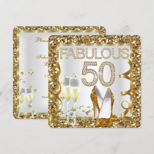 Fabulous 50 Glitter White Gold Birthday Party Kaart