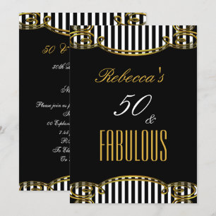 Fabulous 50 Gold Black White Stripe Birthday Party Kaart