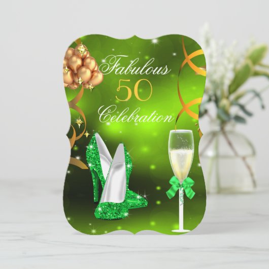 Fabulous 50 Lime Green Gold Heels Champagne Party Kaart (Staand voorkant)