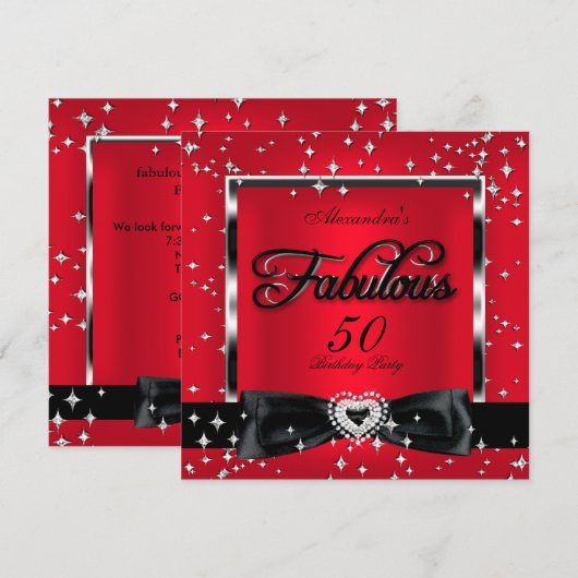 Fabulous 50-party Red Silver Stars Black Kaart (Voorkant / Achterkant)