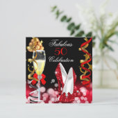 Fabulous 50 Red Black Gold Bubbles Party Kaart (Staand voorkant)
