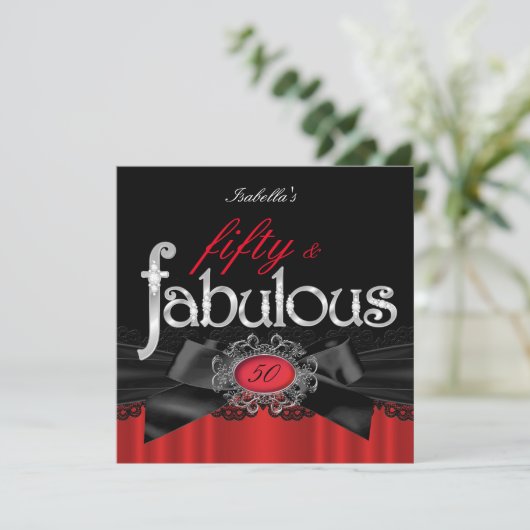 Fabulous 50 Red Black Lace Birthday Party Kaart (Staand voorkant)