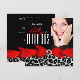 Fabulous 50 Red Black Leopard Foto Birthday Party Kaart