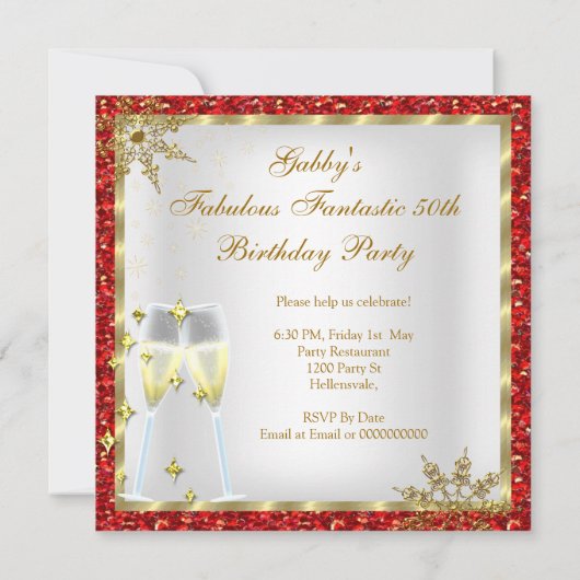 Fabulous 50 Red Glitter Gold Birthday Party Kaart (Achterkant)