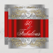 Fabulous 50 Red Silver Gold 50th Birthday Party Kaart (Voorkant / Achterkant)