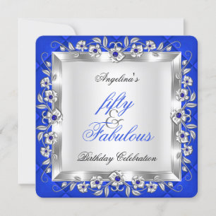 Fabulous 50 Royal Blue Floral Birthday Party Kaart