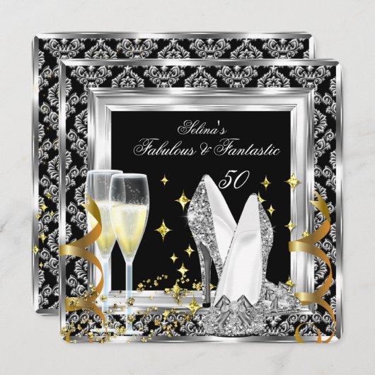 Fabulous 50 Silver Damask Black Birthday Party Kaart (Voorkant / Achterkant)