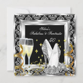 Fabulous 50 Silver Damask Black Birthday Party Kaart (Voorkant)