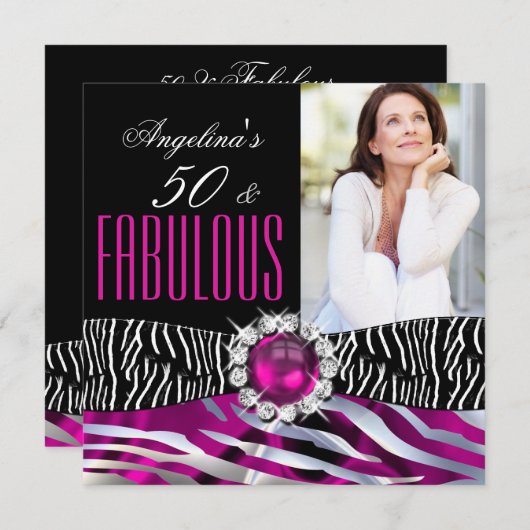Fabulous 50 Zebra Black Pink Silver Birthday Party Kaart (Voorkant / Achterkant)