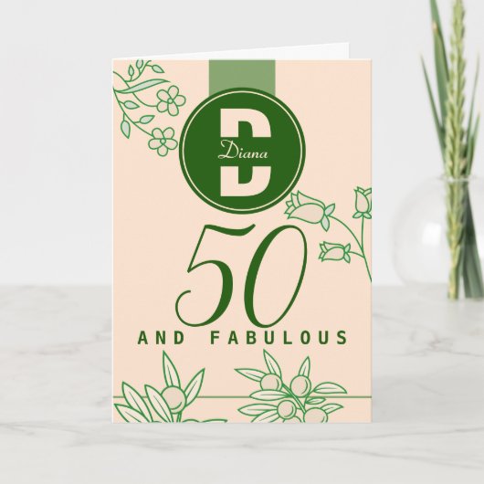 Fabulous 50th Birthday Monogram Floral Green&Beige Kaart (Voorkant)