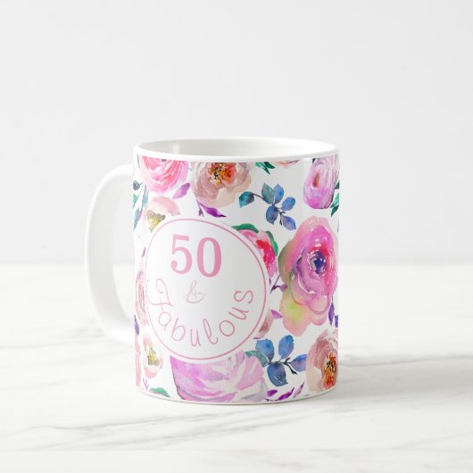 Fabulous 50th Birthday Pink Paarse Rozen Peonies Koffiemok (Voorkant links)