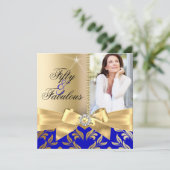 Fabulous 50th Blue Gold Leaf & Bow 50th Birthday Kaart (Staand voorkant)