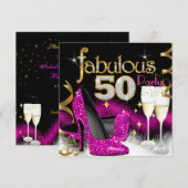 Fabulous 50th Party Glitter Hot Pink Champagne Kaart (Voorkant / Achterkant)