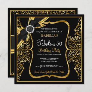 Fabulous 50th Pearl Gold Lace Bow Black Invite Kaart