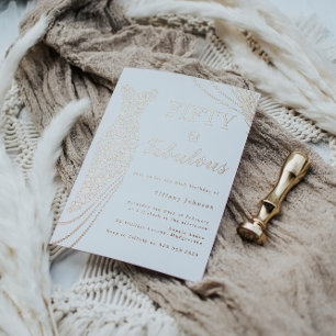 Fabulous 50th Roos Gold Foil Jurk 50th Verjaardag Folie Uitnodiging