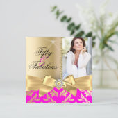 Fabulous 50th roze Gold Leaf & Bow 50th Birthday Kaart (Staand voorkant)