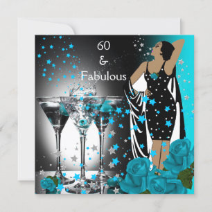 Fabulous 60 60th Birthday Blauwgroen Rozen Martini Kaart
