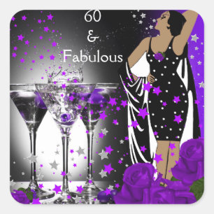 Fabulous 60 60th Birthday Paarse Rozen Martini Vierkante Sticker