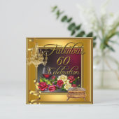 Fabulous 60 Celebration 60th Gold Red Roses Wine Kaart (Staand voorkant)